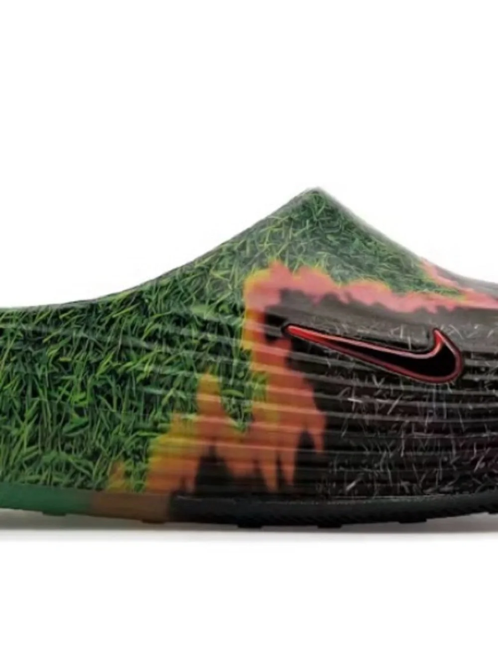 Nike Black Slides with Green Grass and Orange Flame Accents